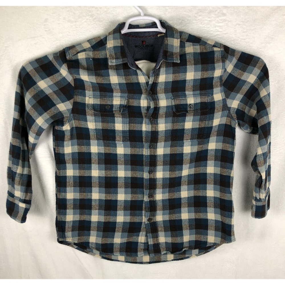Woolrich Shirt Boys Large Blue Brown Plaid Flannel Long Sleeve Button Up Pockets